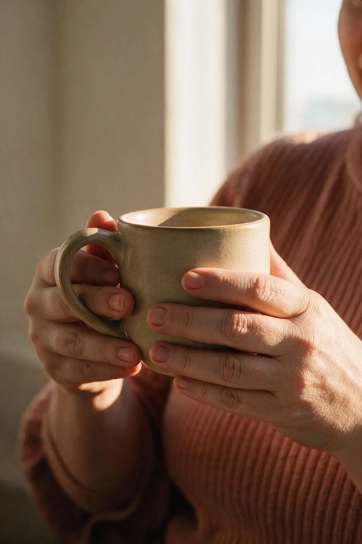 Mãos segurando uma caneca de cerâmica na luz da janela